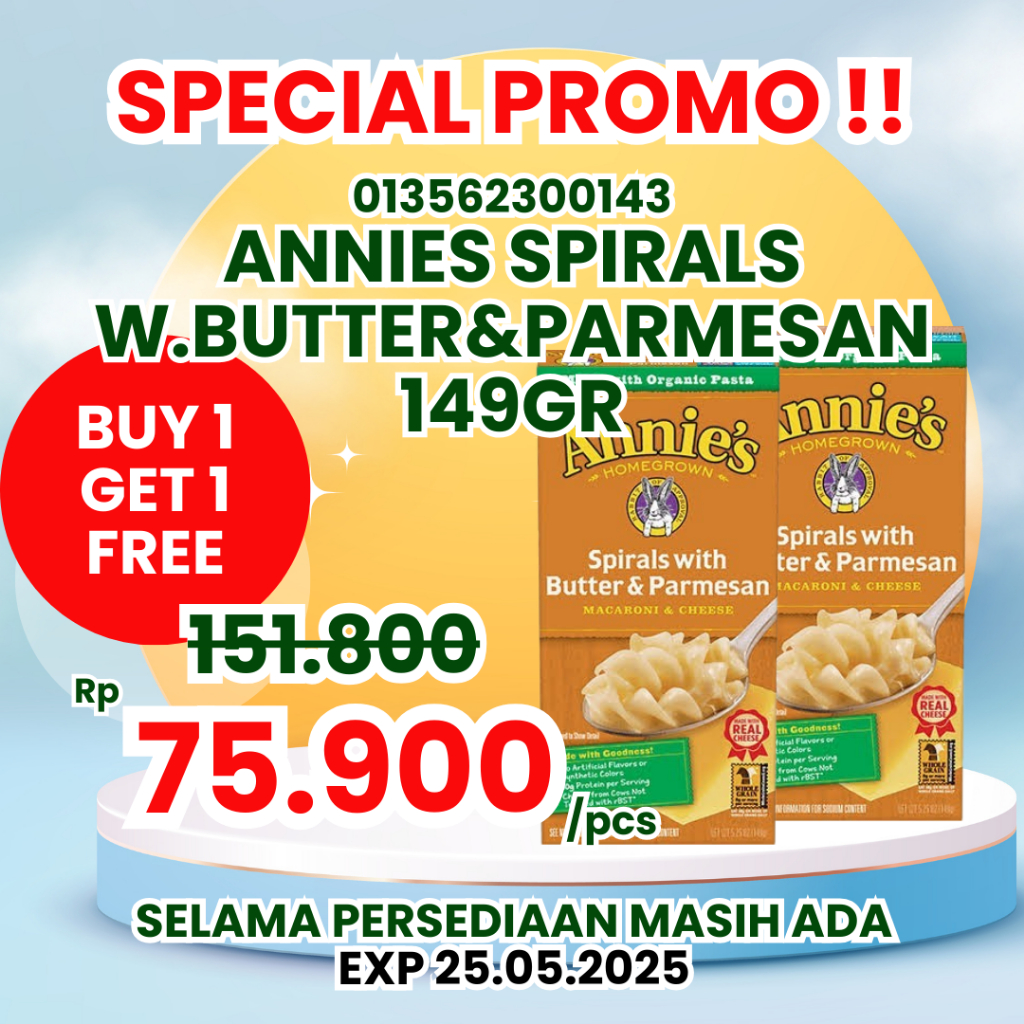 

ANNIE'S SPIRALS WITH BUTTER & PARMESAN 149GR