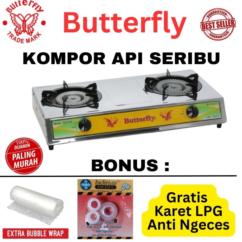 Kompor Gas Api Seribu Stainless Steel Premium Butterfly 2 Tungku Cor 8150