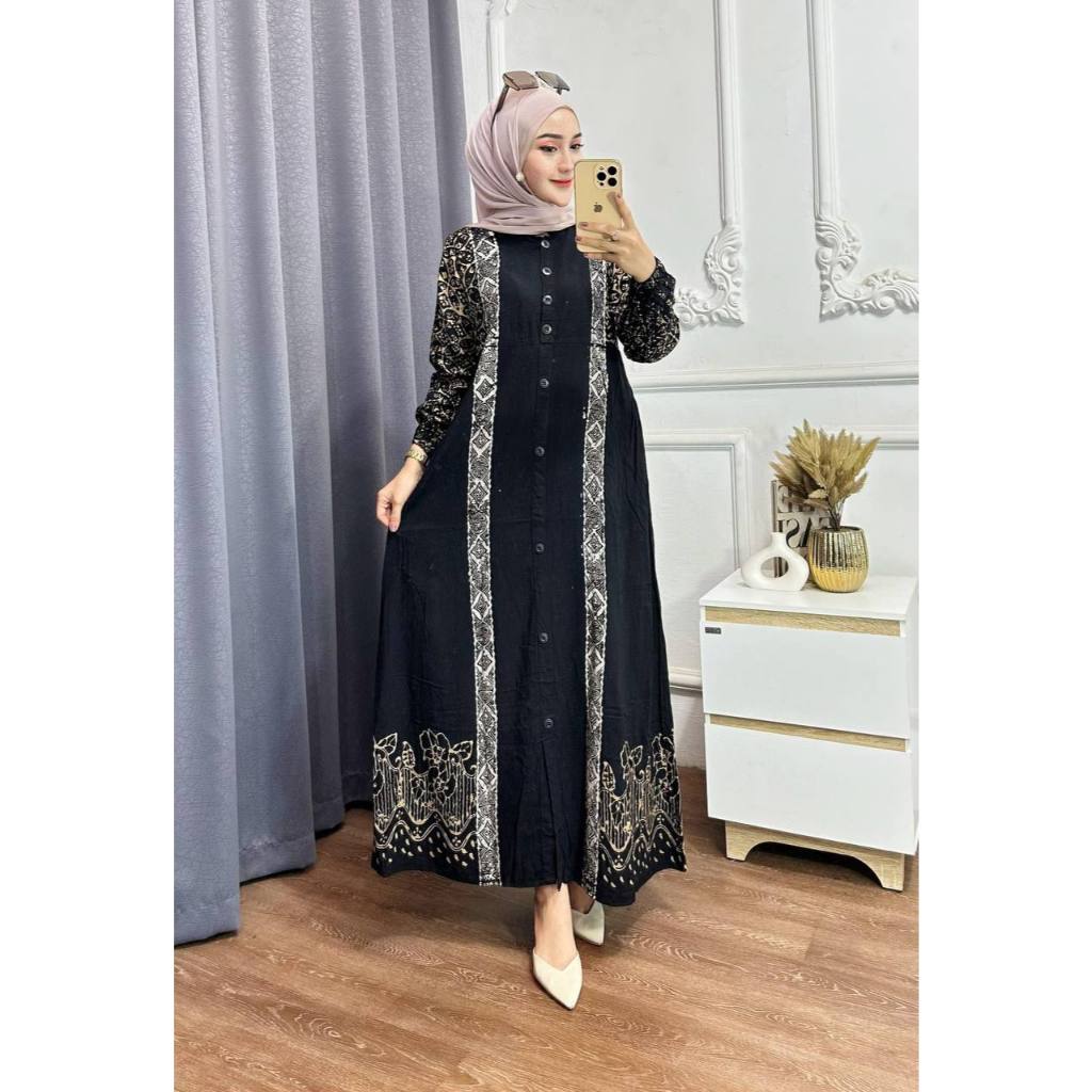 Gamis Rayon Twill Premium Bahan Adem Motif Marwah Terbaru Busui Jumbo Model Kancing