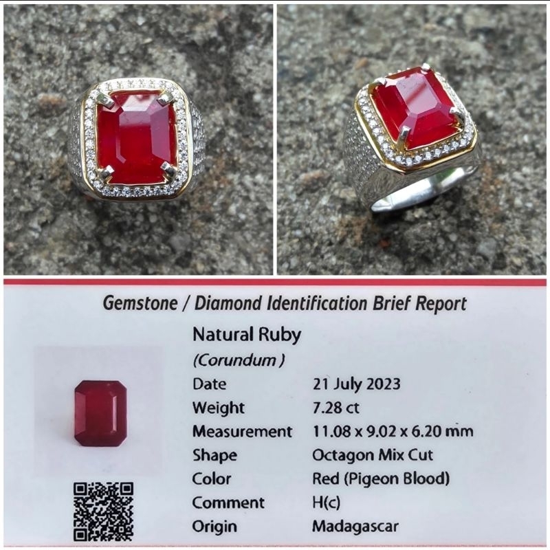 Cincin Permata Natural Batu Ruby Pigeon Blood Ring Perak Memo