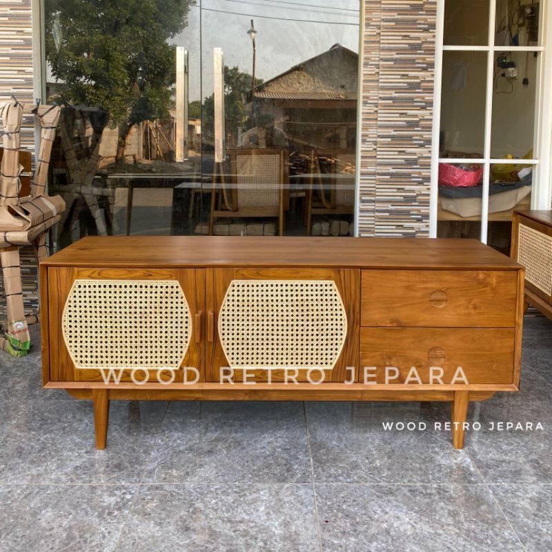 Bufet Konsul TV Retro Rotan Kaca Mata - Meja Retro Scandinavian Kayu Jati Minimalis Jakarta