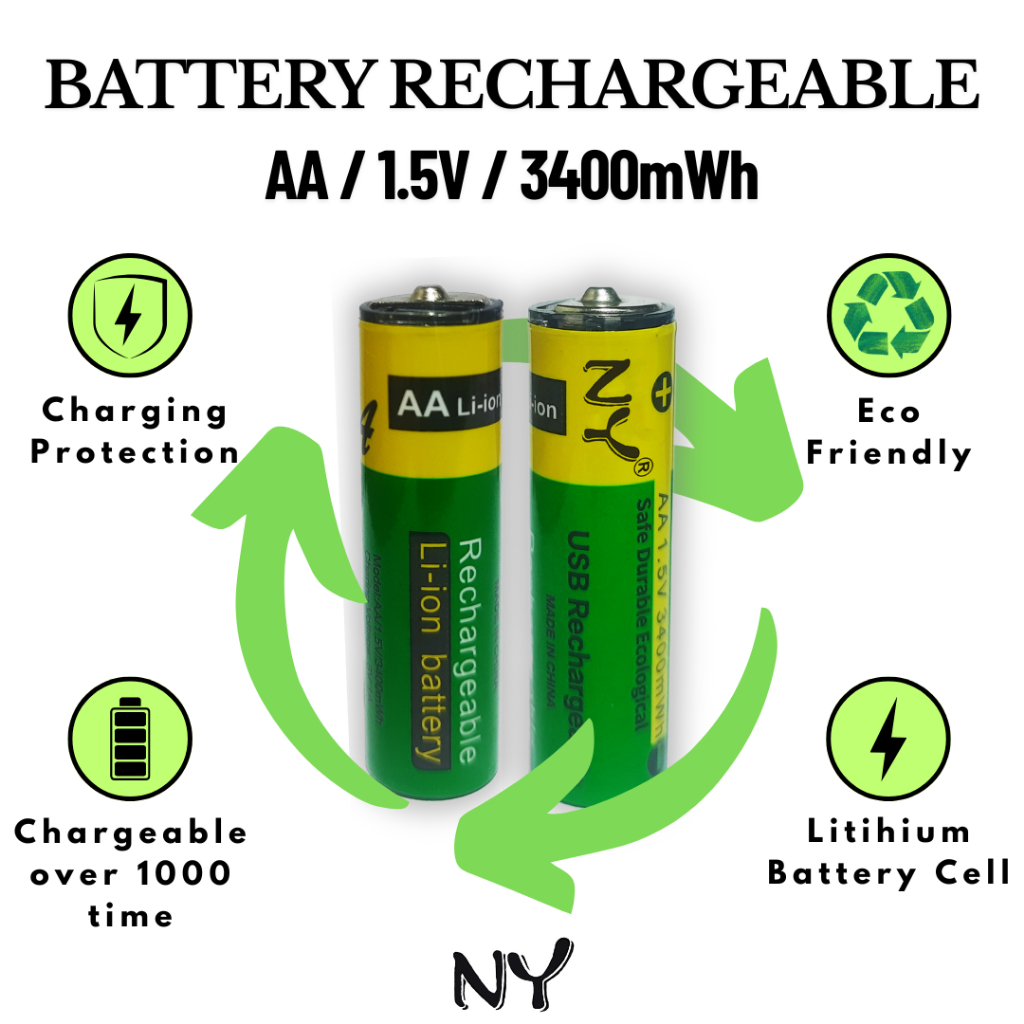 NY BATERAI RECHARGABLE AA 1.5V 3400 mWh + CHARGER TYPE C