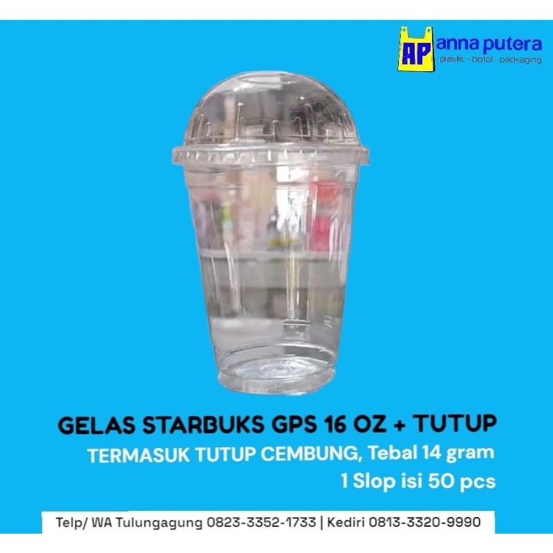 Gelas Tebal Pet 16oz isi 50 pcs Starbucks + Tutup cembung