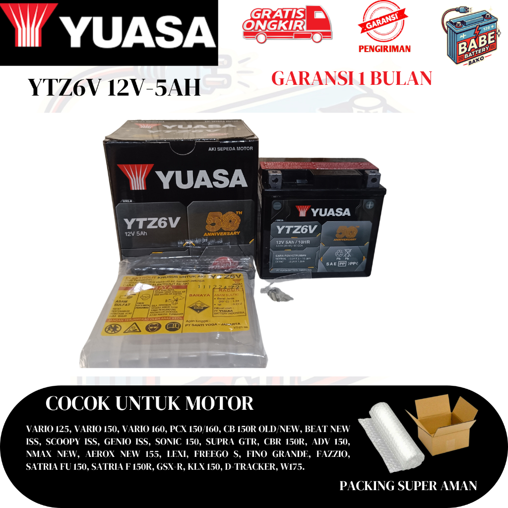 Aki Motor Nmax New, Lexi, Aerox New, Freego, MT-15, R15 Yuasa YTZ6V