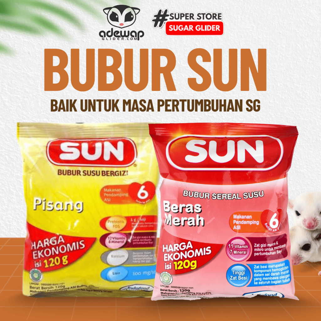 Bubur Sun sachet harga ekonomis isi 120 gram, bisa dijadikan makanan utama  sugar glider