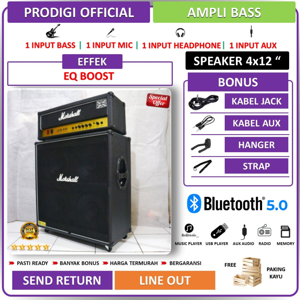 Ampli Bass & Gitar 4x12 Inch bluetooth bisa untuk karaoke 3 Input Marshall Head Cabinet Bonus Kabel 
