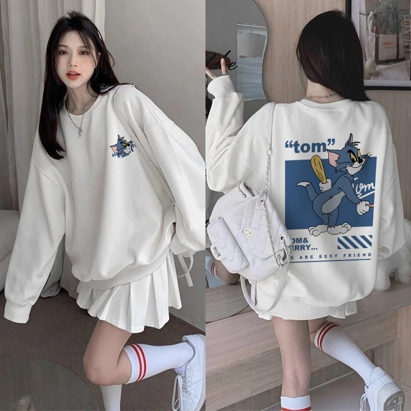 FREE ONGKIR IHKKE SWEATER OVERSIZE WANITA KARTUN TOM AND JERRY COUPLE MOTIF PRINT LENGAN PANJANG