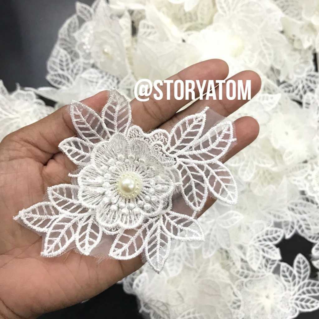 1 PC - RENDA GIPER BUNGA MUTIARA | RENDA PUTIH/ RENDA BORDIR/ RENDA TIMBUL