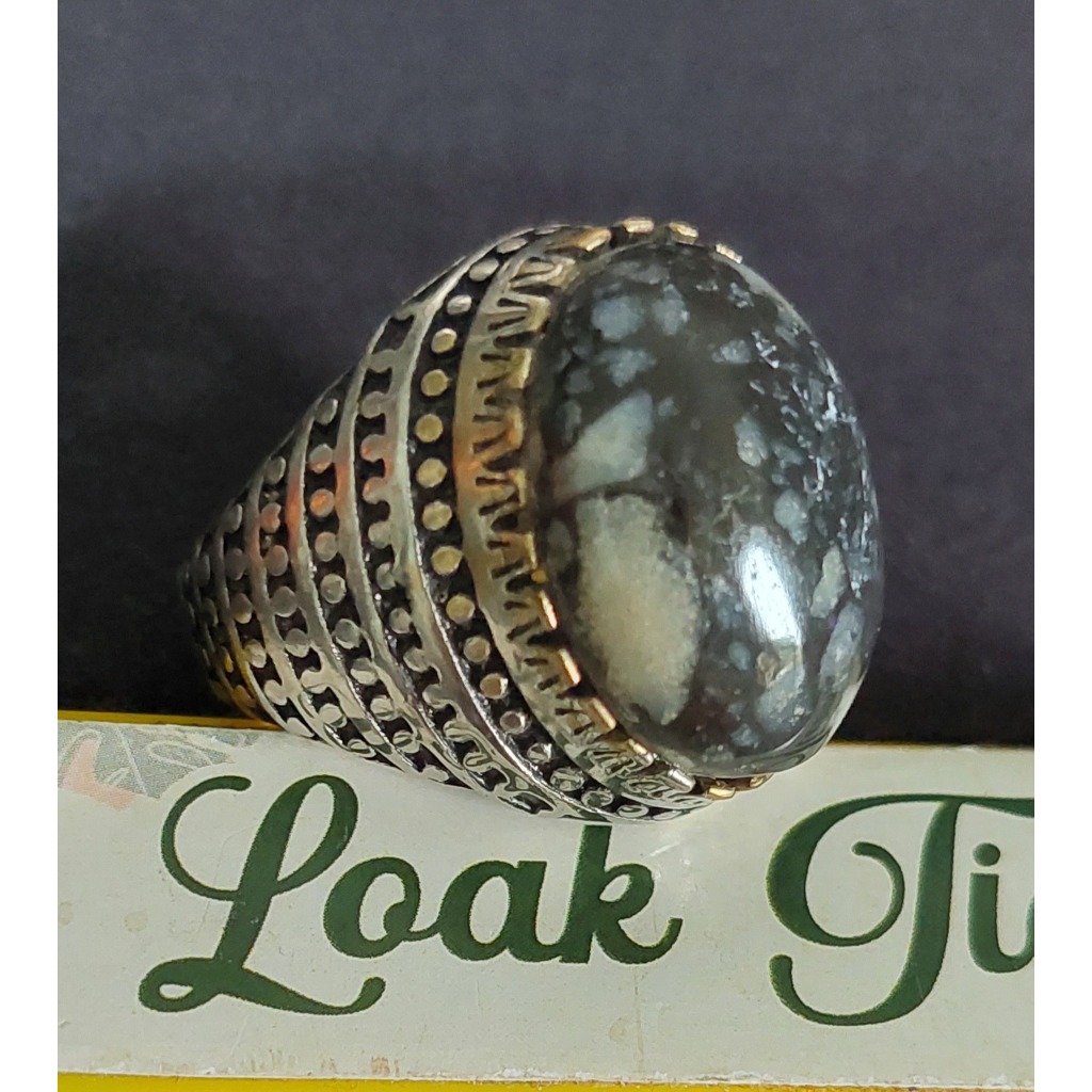 cincin pria batu akik asli motif warna navy putih