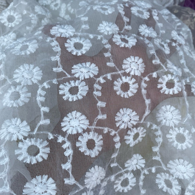 kain bordir - kain tille bordir motif bunga impor - kain tulle bordir - kain bordir warna putih bw a