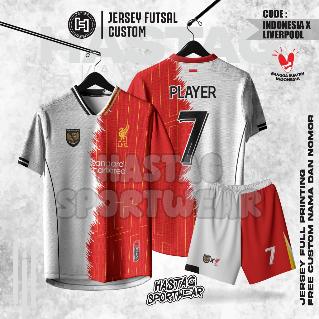 BAJU JERSEY INDONESIA X LIVERPOOL TERBARU 2025 PUTIH MERAH, FREE NAMESET, FULL PRINTING