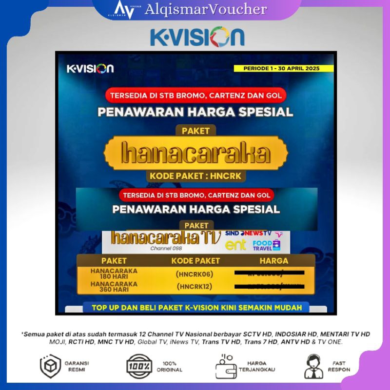 TV VOUCHER Paket Hanacaraka TV K-Vision Khusus Siaran JOWO