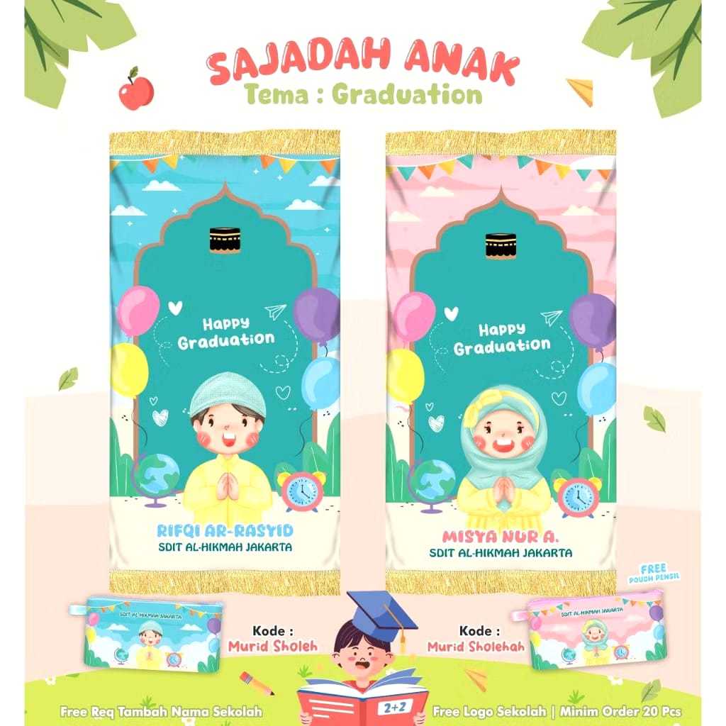 Sajadah Anak Karakter Custom Nama Tema Graduation Kelulusan Souvenir Ulang Tahun