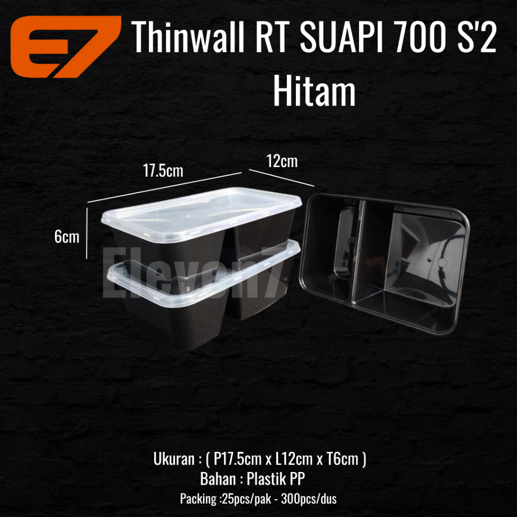 THINWALL PERSEGI SUAPI RT SEKAT 2 HITAM 700ML - THINWALL, CONTAINER FOOD BOX, LUNCH BOX (25PCS)