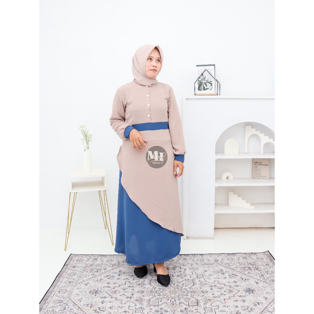 Gamis Panjang Kombinasi Warna 2 Tone - Fashion Muslim Remaja Simpel Elegan
