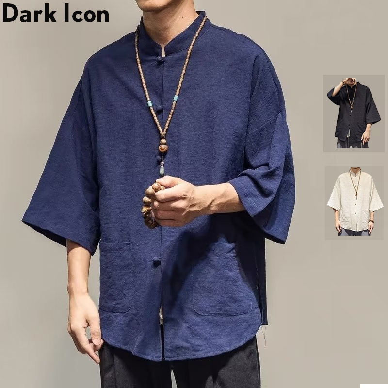 Dark Icon Shanghai Collar Linen Shirt Men Batwing Oversized Kemeja Pria 3 Colors