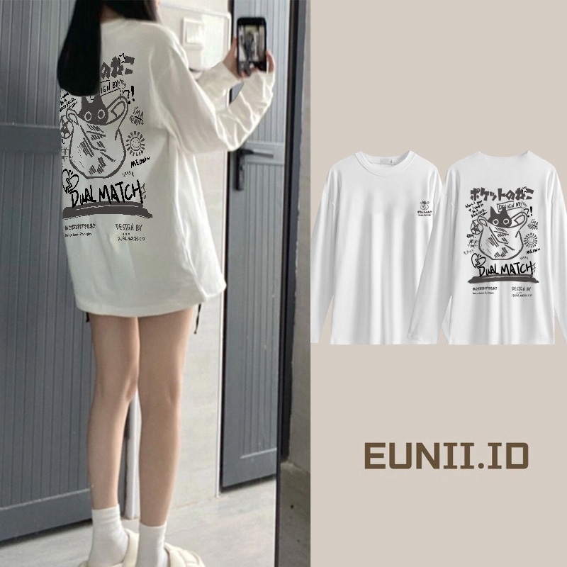 EUNII kaos longgar lengan panjang bermotif wanita/atasan longgar lengan panjang wanita terbaru/kaos 