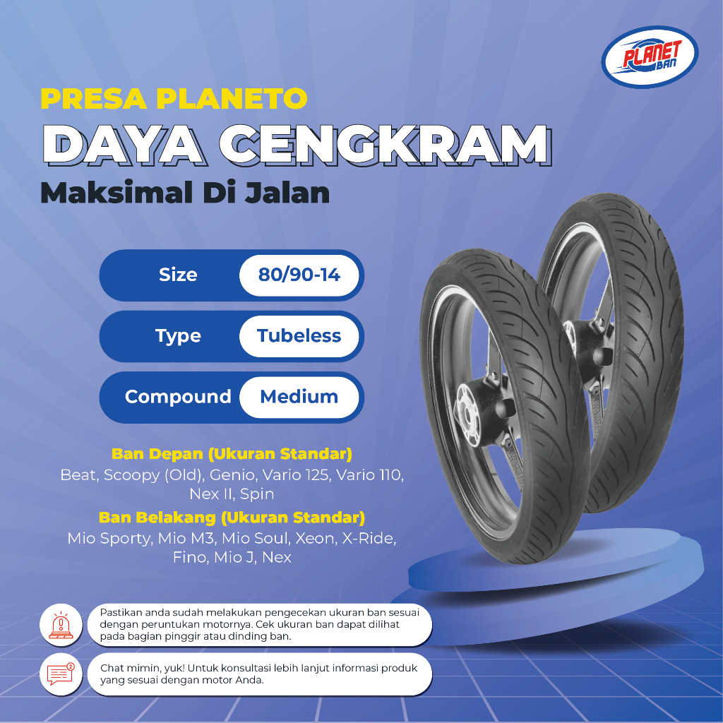 Presa Planeto Tubeless-80/90 Ring 14 (Ban Motor Beat, Scoopy (Old), Genio, Vario 125, Vario 110, Mio