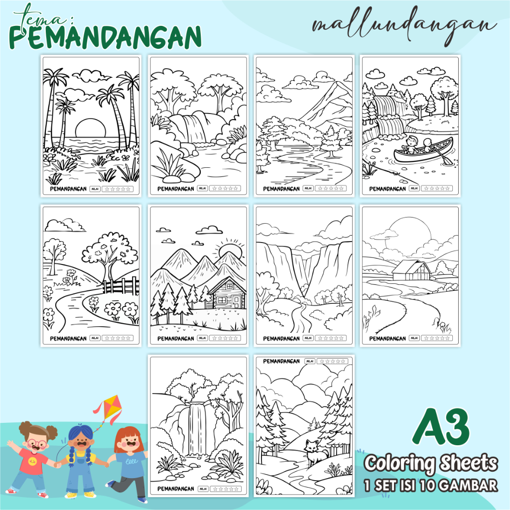 

LEMBARAN MEWARNAI ANAK A3 - TEMA PEMANDANGAN - PAPER COLORING SHEETS FOR KIDS