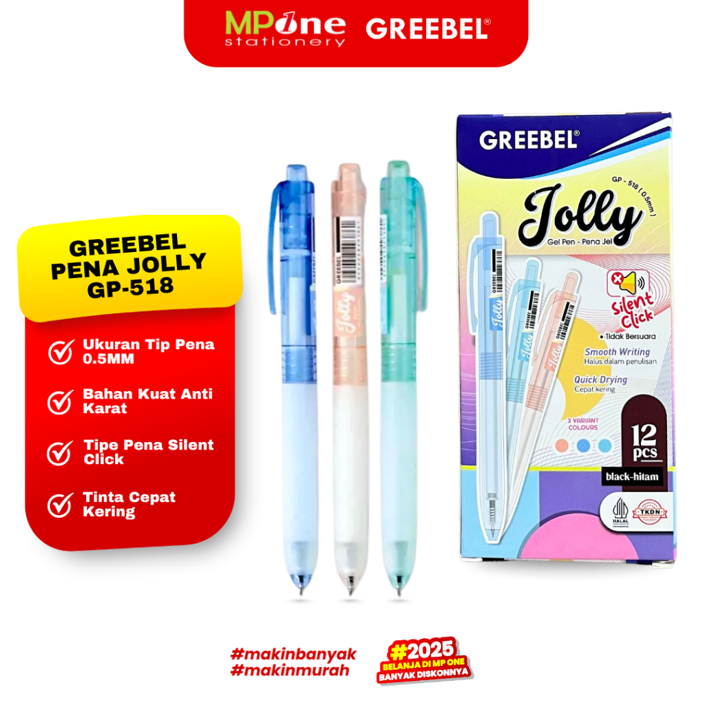 

(1 PCS) Greebel Pena Jolly GP-518 Tinta Hitam 0.5mm / Pulpen Gel Silent Klik Warna Lucu Greebel