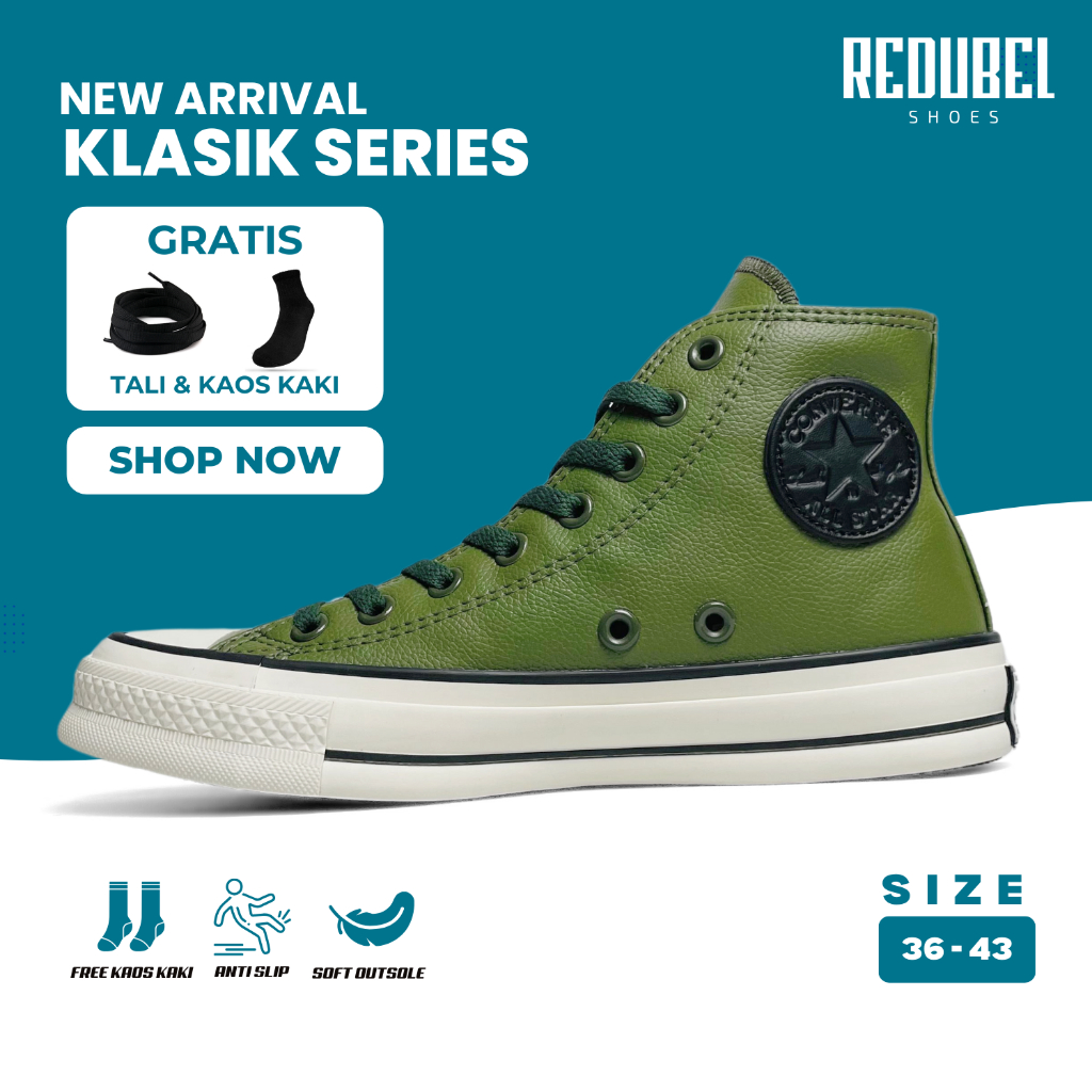 Sepatu Converse All Star Chuck Taylor  Sepatu Sneaker Casual Kulit Pria Dan Wanita Hijau Army High B