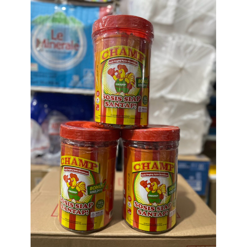 

1 TOPLES SOSIS CHAMP SIAP SANTAP 546 GRAM ISI 26 BUAH SOSIS. SOSIS DAGING AYAM KOMBINASI. 100% BARU BERSEGEL ORI CHAMP HALAL INDONESIA BPOM RI.