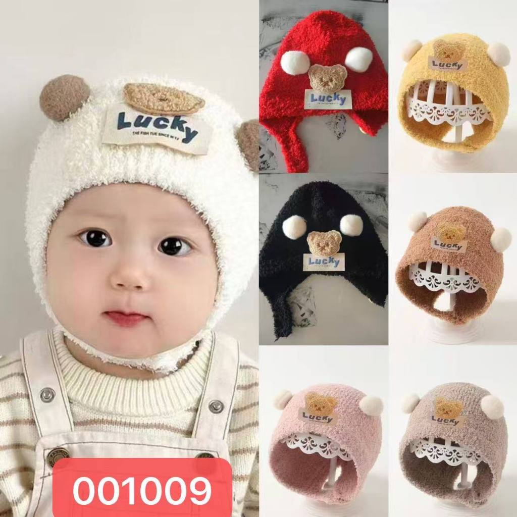TOP 1009 - TOPI RAJUT ANAK 6-24 bulan BULU DOMBA POMPOM TEMPELAN BEAR LUCKY