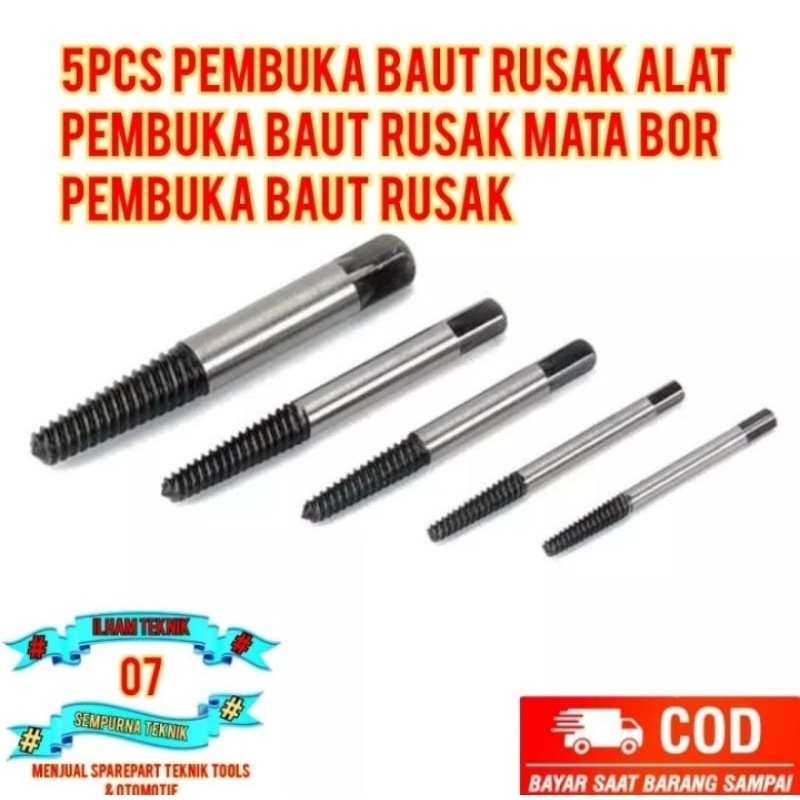 5pcs Pembuka Baut Rusak alat pembuka baut rusak mata bor pembuka baut