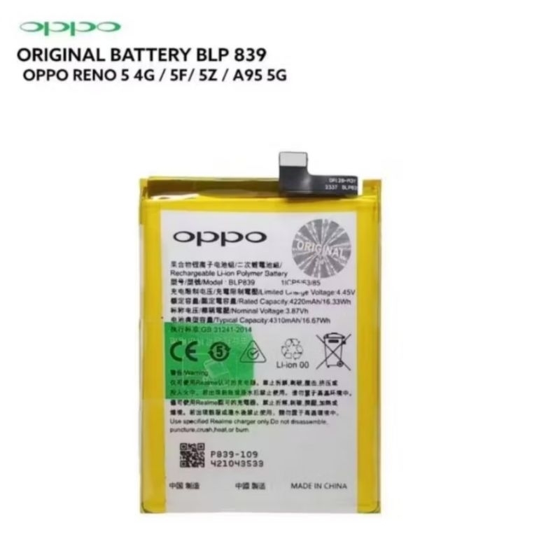BATERAI BATRE ORIGINAL BLP839 FOR HP OPPO RENO 5 4G / RENO 4F / A95 5G ORIGINAL BERGARANSI 100%
