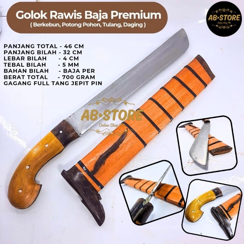Golok Rawis Baja Premium Sarung Kayu Ukir | Pisau Golok Kebun | Golok Potong Tulang Daging | Golok P