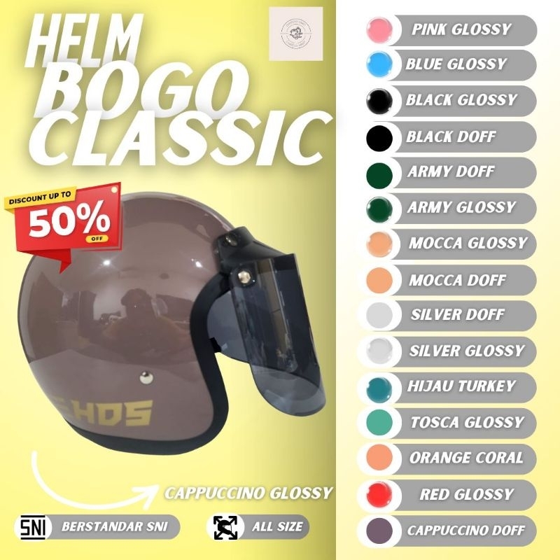 HELM BOGO Dewasa Classic HDS Helmet SNI Half Face Motor Retro Hijabers Wanita Pria