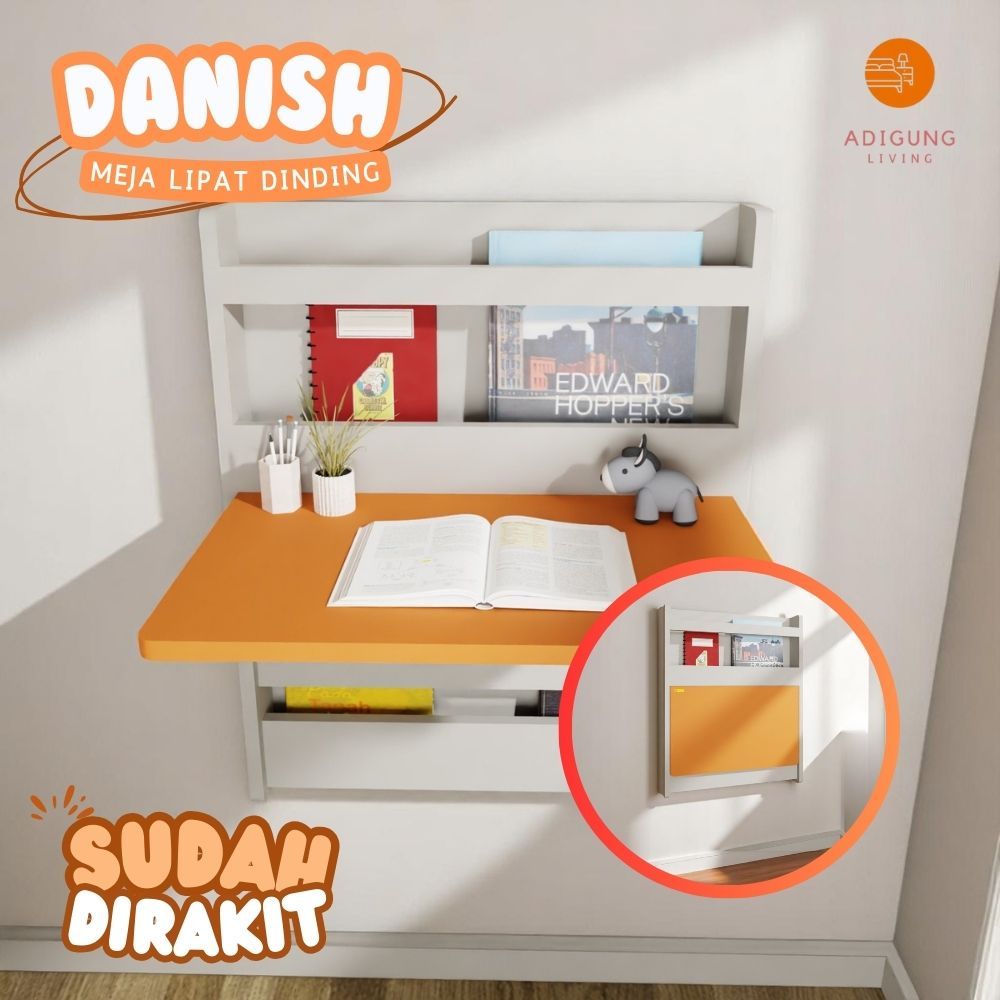 Meja Belajar Anak Dengan Rak Buku Warna Orange-Meja Belajar Anak Minimalis  TempelDinding-Danish-E14