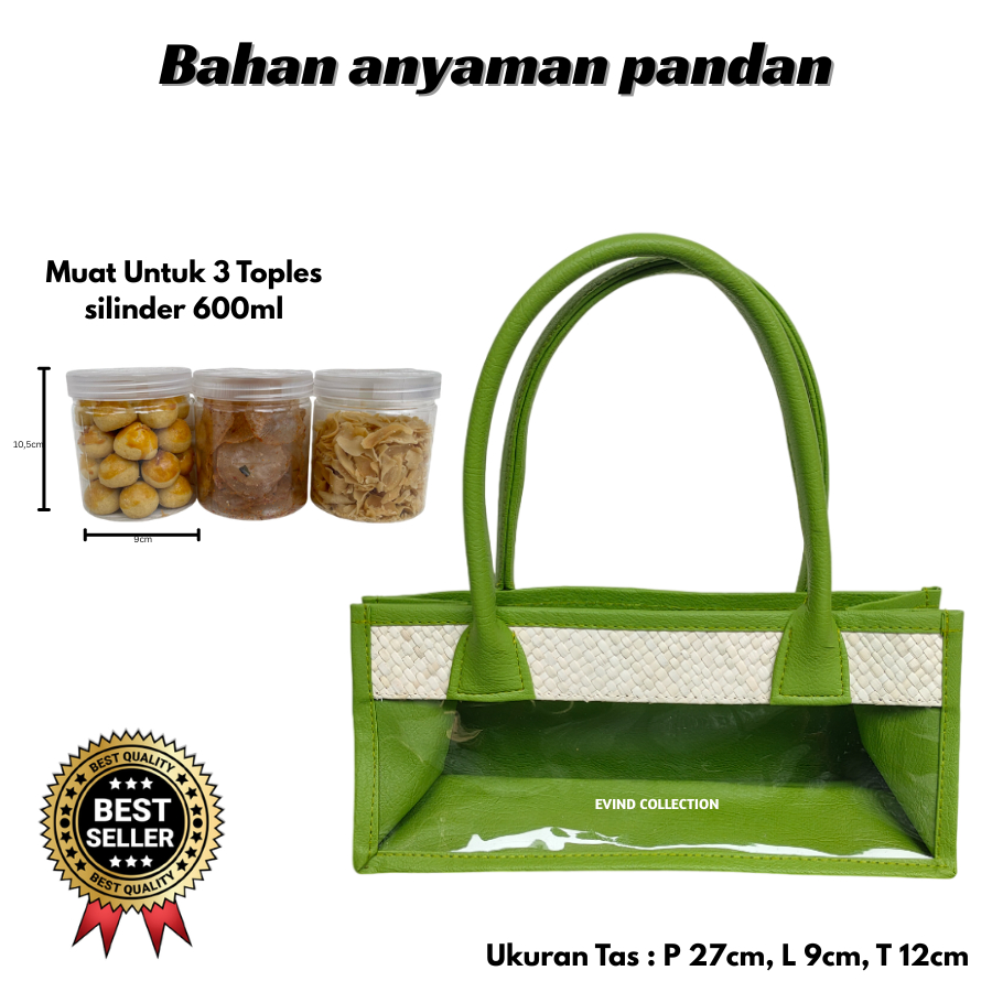 Tas Parcel Anyaman Pandan (Hijau) Ukuran 3 Toples Model Panjang Tas Mika Hampers