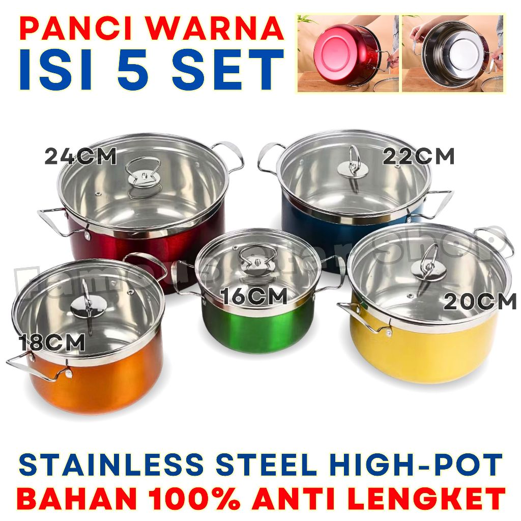 Panci Set Anti Lengket Stainless Steel Warna 5 Set ( 10pcs ) Tutup Kaca - GIONEE HIGH POT / Panci