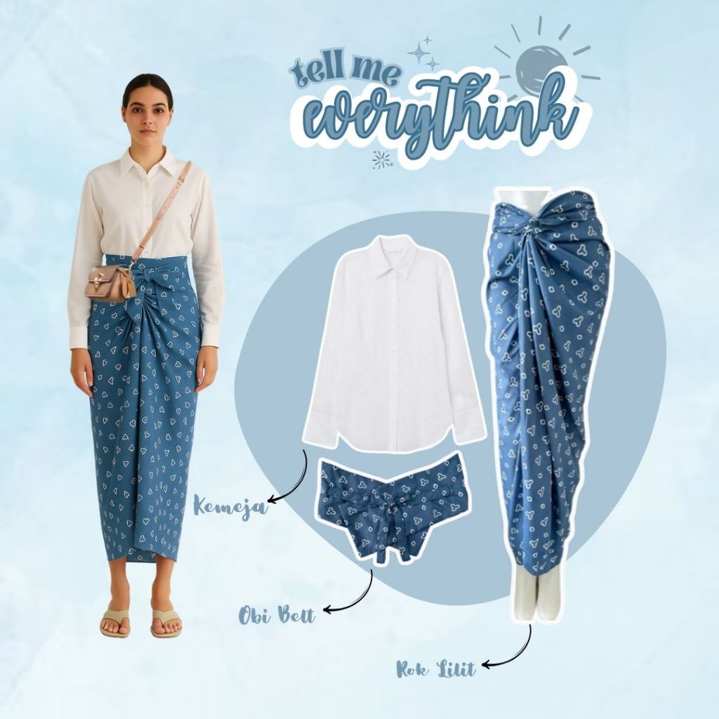 Oneset 3in1 Jumputan Wanita Kekinian (Obi Belt+Kemeja Putih+Rok Lilit) Outfit Kondangan Ngampus CC51