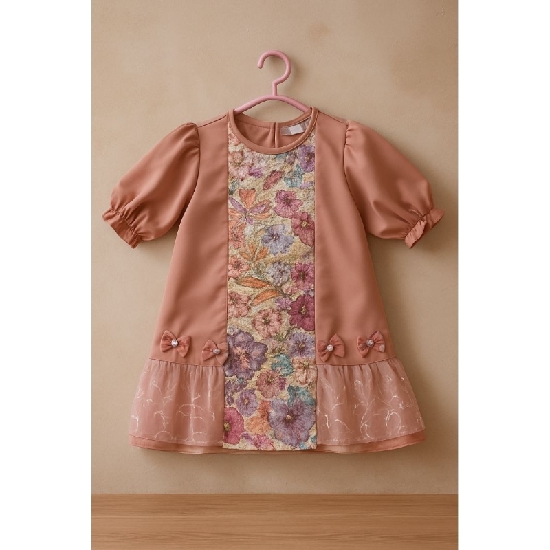 Dress Anak Perempuan Cantik Lengan Pendek Puff – Gaun Formal Anak Motif Bunga Tile Elegan