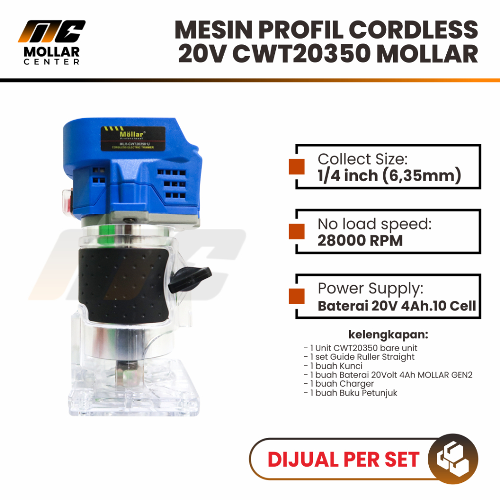 MOLLAR CWT20350U Mesin Router Kayu Trimmer Cordless Profil Baterai 20V