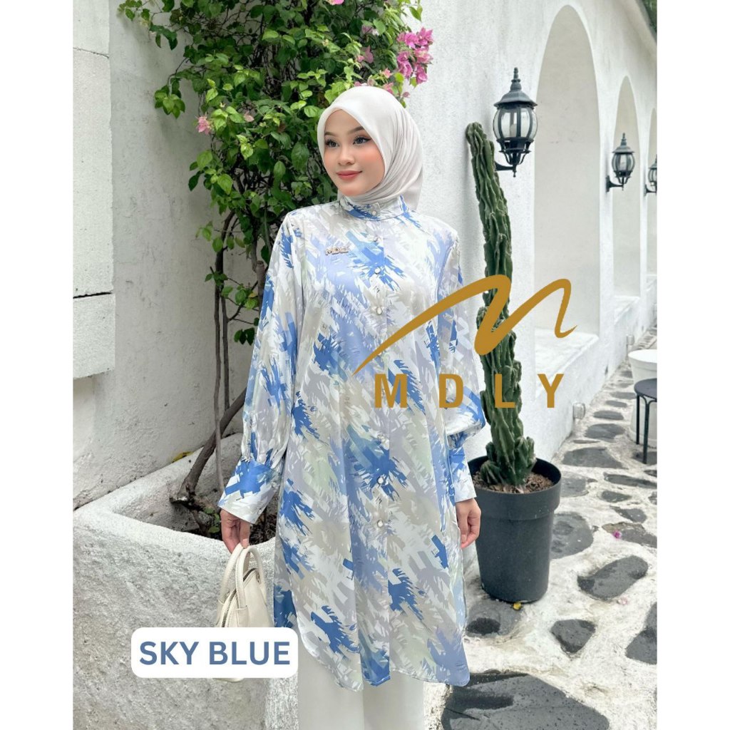 MDLY Mayda Zahira tunik atasan wanita bahan silk premium lengan panjang Motif Print abstrak casual
