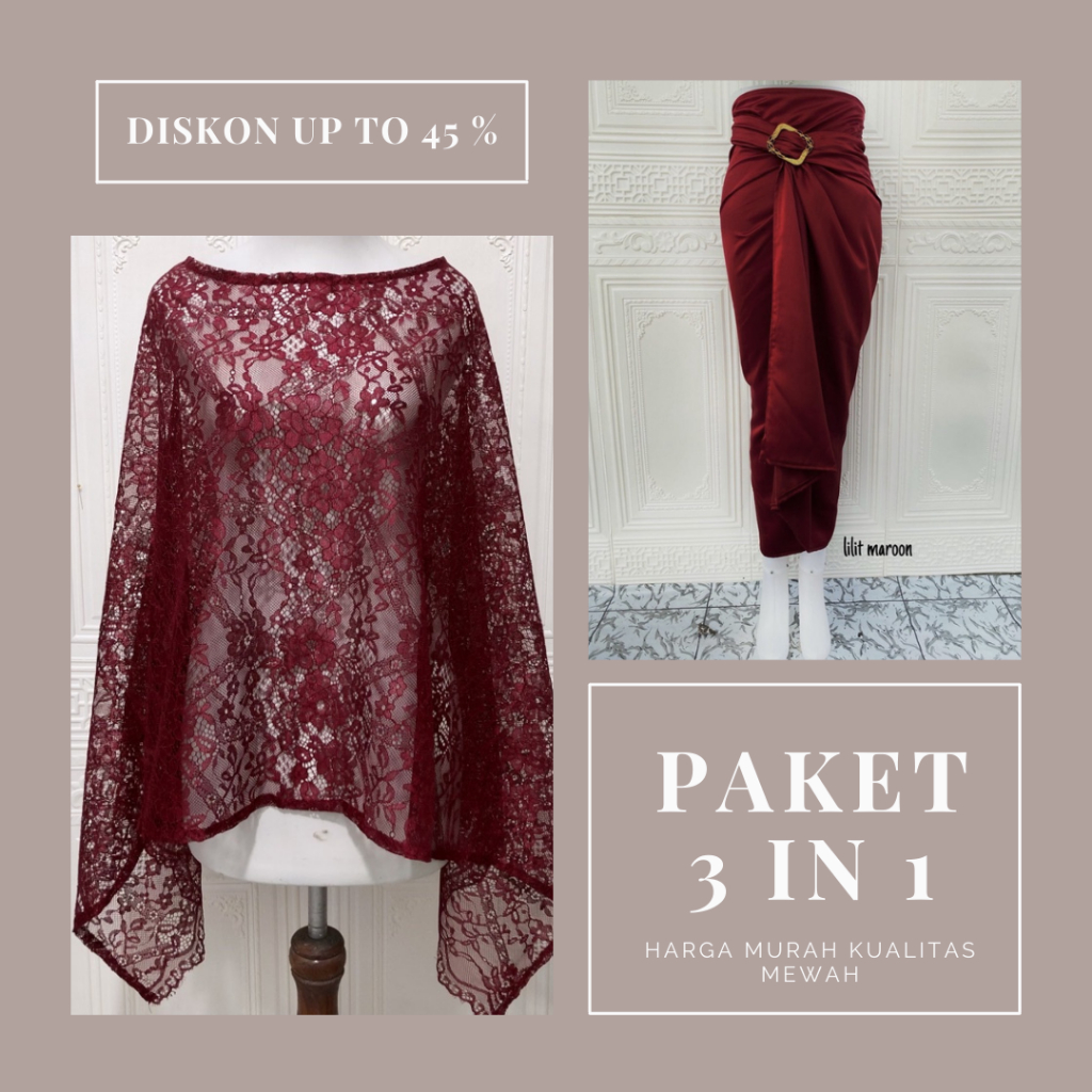 Set Kebaya Brokat Jumbo XXXL Ld 120 Atasan Kebaya Kutu Baru Brukat Modern Lengan Panjang Baju Kondan