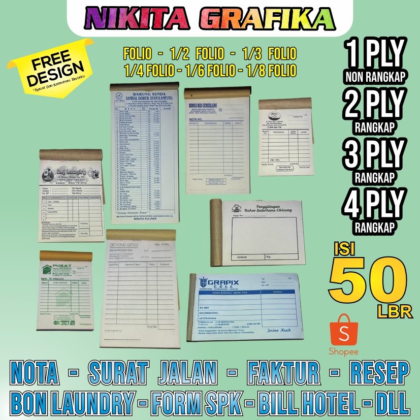 Nota Custom 1 Ply 2 Ply 3 Ply 4 Ply - Ukuran 1/3 Folio isi 50 lembar & 25 set
