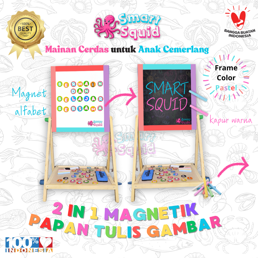 Smart Squid - Papan Tulis Magnet Edukasi 1 Set - 2 IN 1 Papan Magnet Papan Tulis Menggambar - Mainan