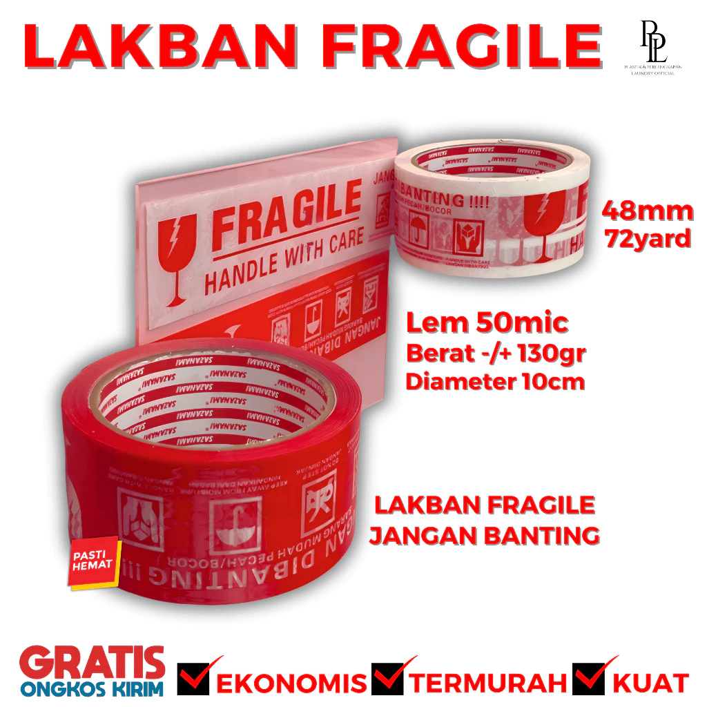 

Lakban FRAGILE Merah 48mm x 72yard | Isolasi Logo / Tanda Jangan Dibanting Lem Kuat Murah Isolasi