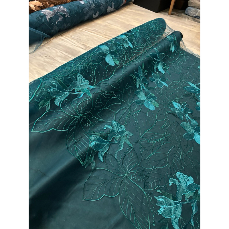 Bahan Kain Brokat Mewah Tile Embroidery Summer Floral 2tone motif Bunga Besar Warna Emerald Green Hi