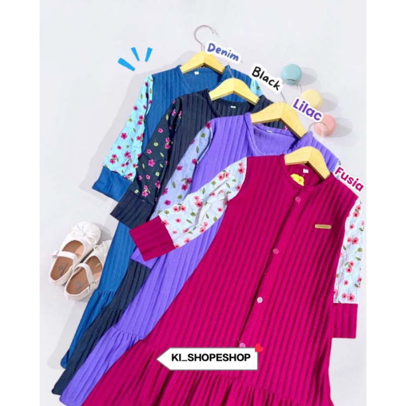 Gamis Anak Perempuan Bahan Knit Motif Lengan Bungan Usia 1-12 Tahun