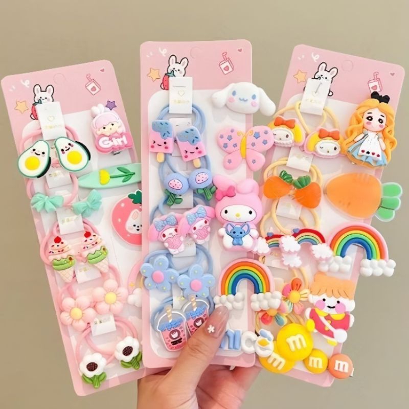 Set jepit rambut dan ikat rambut anak perempuan 15 in 1 set jepit rambut anak korea set karet rambut