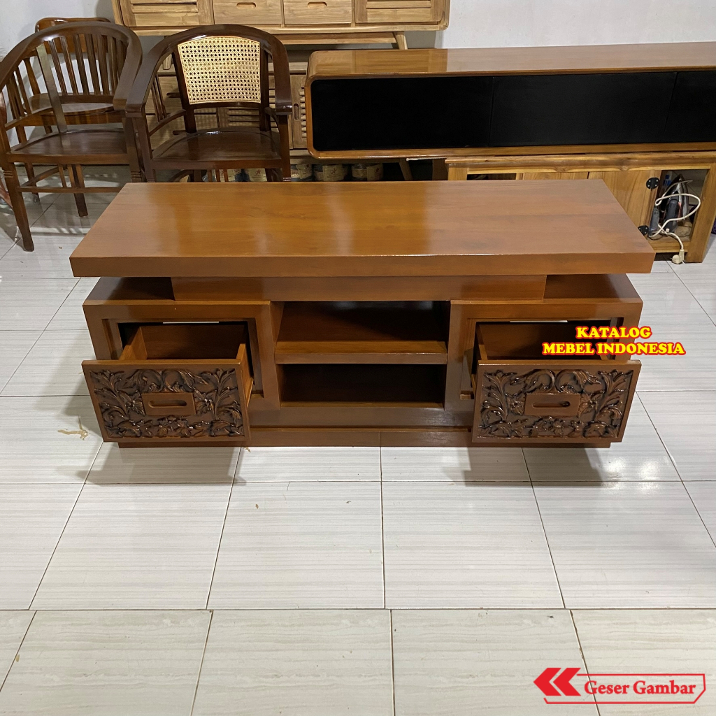 Meja TV Minimalis Laci 2 Ukir Khas Jepara Rak TV Jati Produk Mebel Jepara