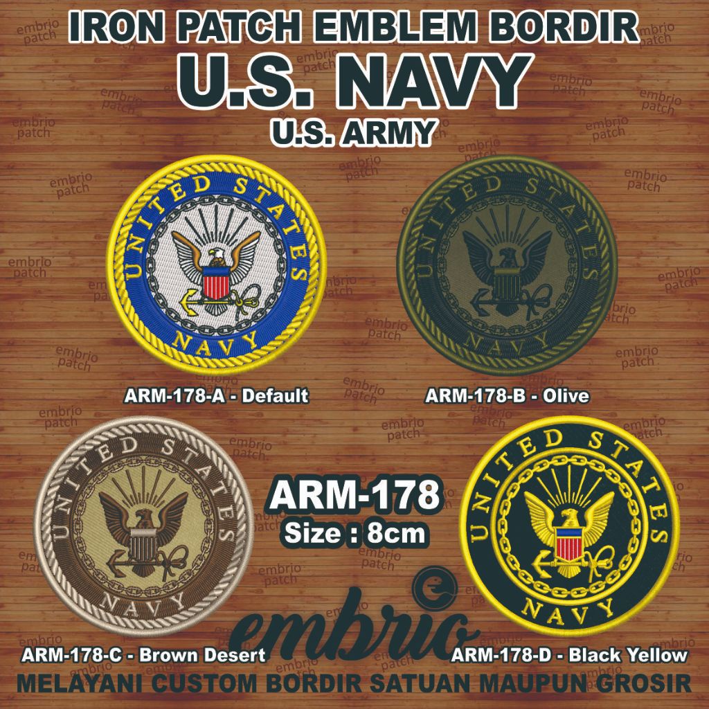 ARM-178 Patch Logo US NAVY Emblem Bordir Logo US Army Tentara Angkatan Laut Amerika - 8cm - Embrio P