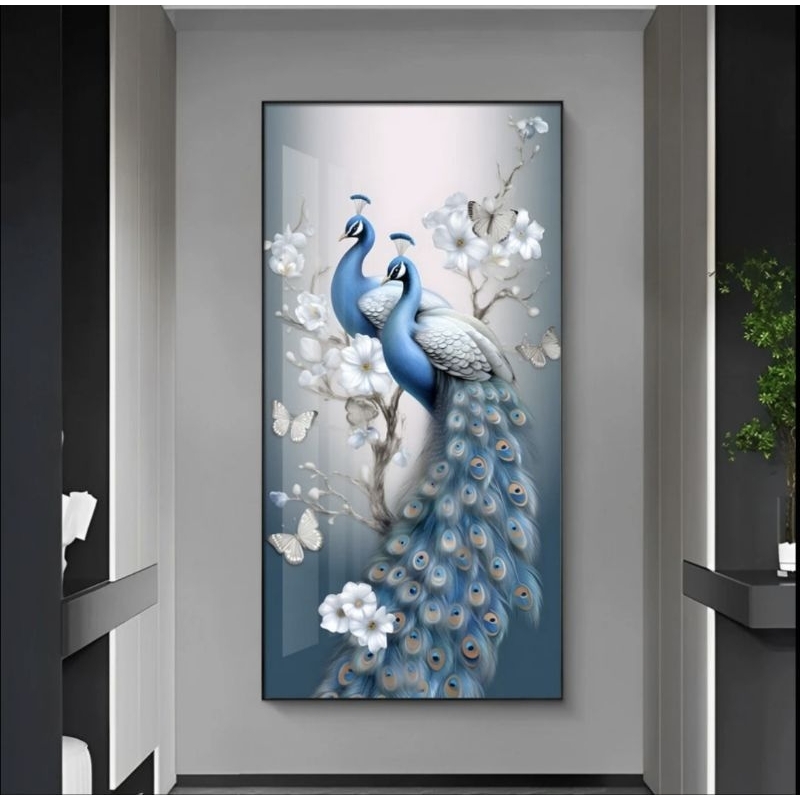 KOKOPAINTING Lukisan Burung Merak / Lukisan Porcelain Diamond Kristal 5D Gambar Burung Merak Biru Hi