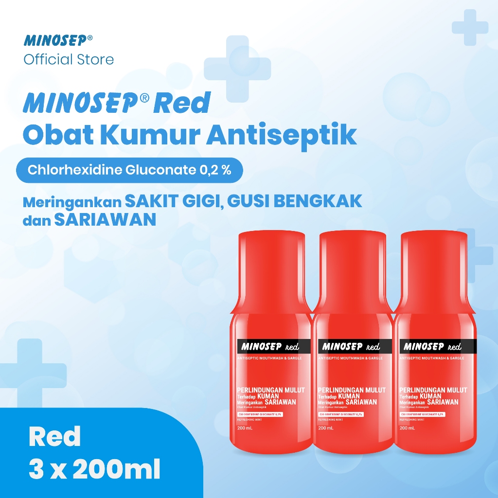 Minosep RED Obat Kumur Antiseptik 200ml 3botol TRIPLE PACK Chlorhexidine 0,2%