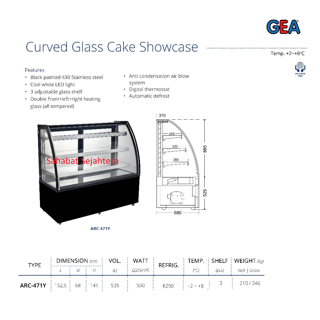GEA Curved Glass Cake Showcase Pendingin ARC-471Y – Etalase Kue Kaca Melengkung LED